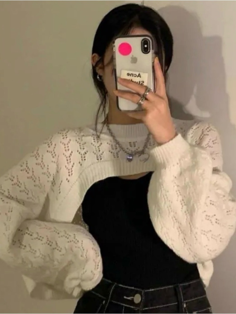 YesStyle Knitted White Shrug Top Sweater Long Sleeve Cropped One Size Women